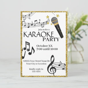 Gold Glitter Microphone Music Notes Karaoke Party Invitation