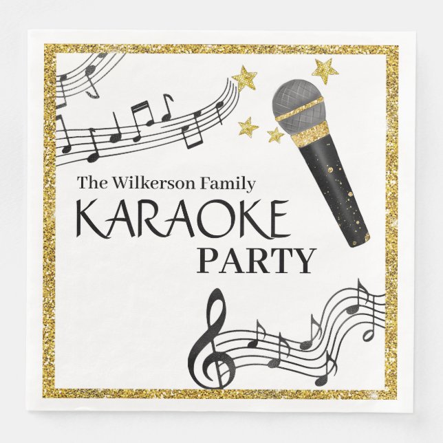 Gold Glitter Microphone Music Notes Karaoke Party Napkin (Front)
