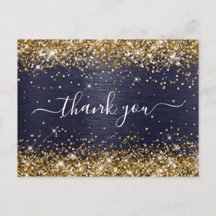 Gold Glitter Midnight Blue Foil Birthday Thank You Postcard
