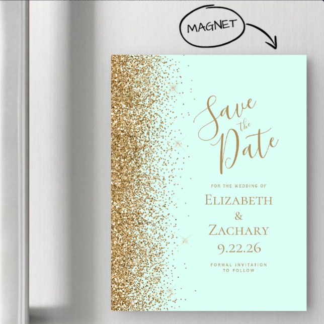 Gold Glitter Mint Green Magnetic Save the Date (Creator Uploaded)