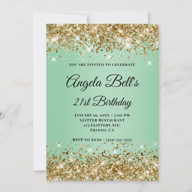 Gold Glitter Mint Ombre Monogram 21st Birthday Invitation (Front)