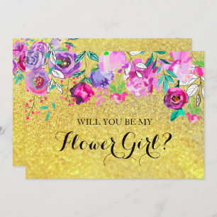 Gold Glitter Mint Purple Flowers Flower Girl Card