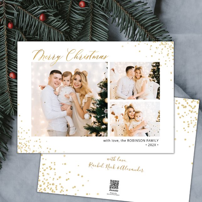 Gold Glitter Modern 3 Multi Photo Christmas  Holiday Card (Creator Uploaded)