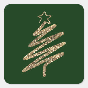 Gold Glitter Modern Green Christmas Tree Square Sticker