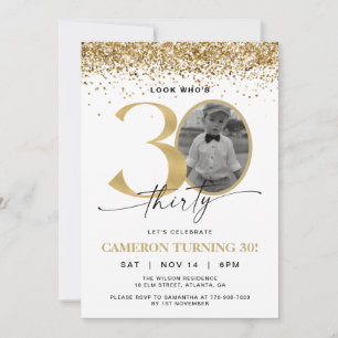 Gold Glitter Modern Photo 30th Birthday Invitation