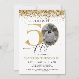 Gold Glitter Modern Photo 50th Birthday Invitation
