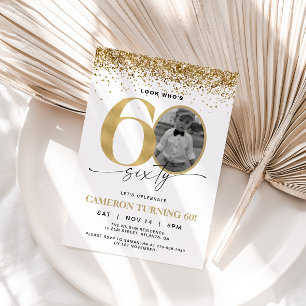 Gold Glitter Modern Photo 60th Birthday Invitation