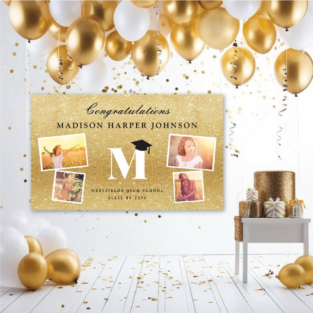 Gold Glitter Monogram 4 Photo Stylish Grad Party Banner (Gold Glitter Name Monogram Stylish 4 Photo Graduation Party Banner @ www.zazzle.com/color_therapy)