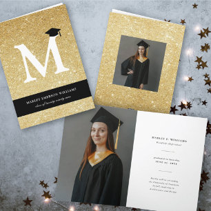 Gold Glitter Monogram Alphabet M Modern Photo Grad Invitation