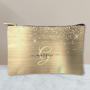 Gold Glitter & Monogram, Black Script Name Accessory Pouch