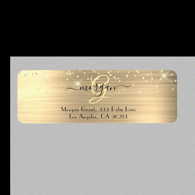 Gold Glitter & Monogram, Black Script Name Address (Creator Uploaded)