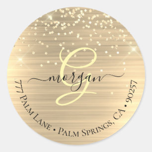 Gold Glitter & Monogram, Black Script Name Address Classic Round Sticker