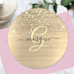 Gold Glitter & Monogram, Black Script Name Classic Round Sticker<br><div class="desc">A trendy design of faux brushed gold metal background and gold glitter with gold monogram and black script name.</div>