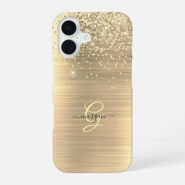 Gold Glitter & Monogram, Black Script Name iPhone 16 Case (Back)