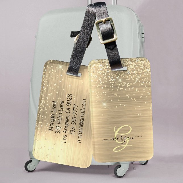 Gold Glitter & Monogram, Black Script Name Luggage Tag (Creator Uploaded)