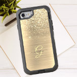 Gold Glitter & Monogram, Black Script Name OtterBox Defender iPhone 8/7 Case<br><div class="desc">A trendy design of faux brushed gold metal background and gold glitter with gold monogram and black script name.</div>