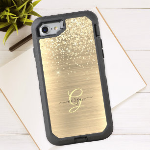 Gold Glitter & Monogram, Black Script Name OtterBox Defender iPhone 8/7 Case