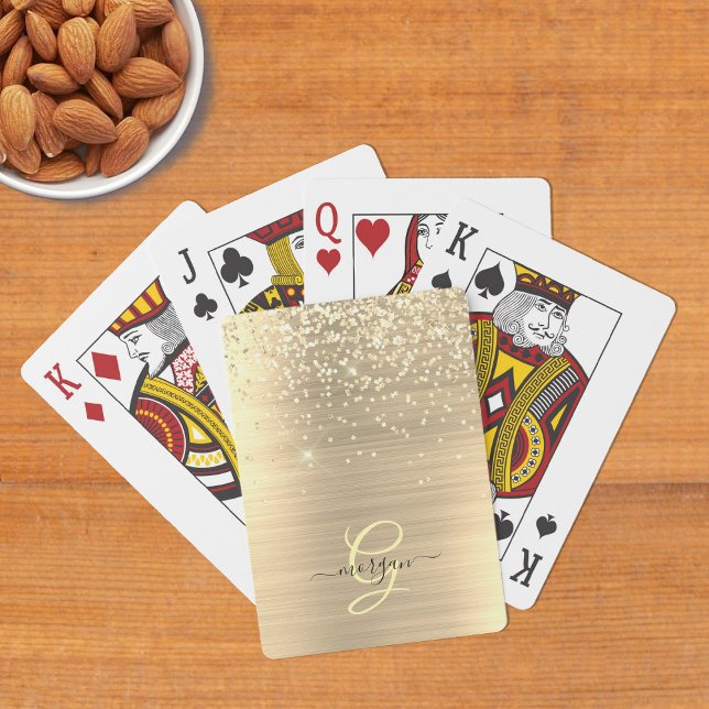 Gold Glitter & Monogram, Black Script Name Playing Cards (Creator Uploaded)