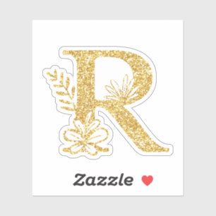 Gold Glitter Monogram Initial R Floral Sticker