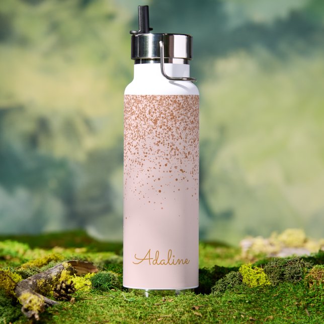 Gold Glitter Monogram Name Water Bottle (Outdoor (Rotated))