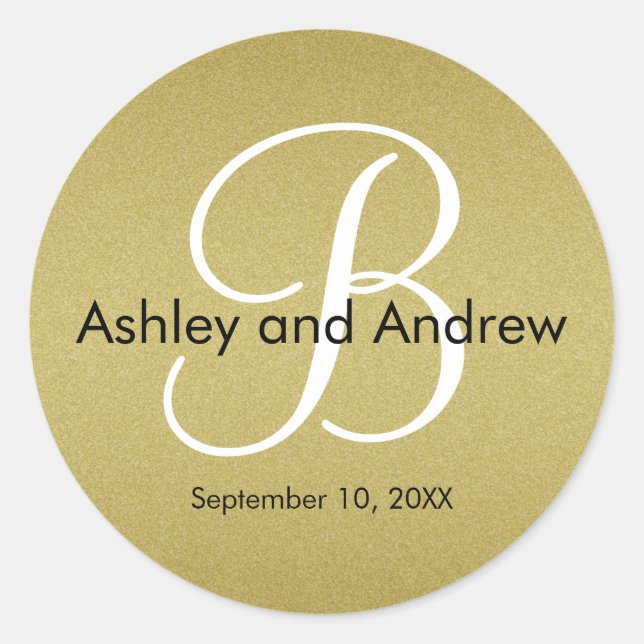 Gold Glitter Monogram Personalised Wedding Sticker (Front)