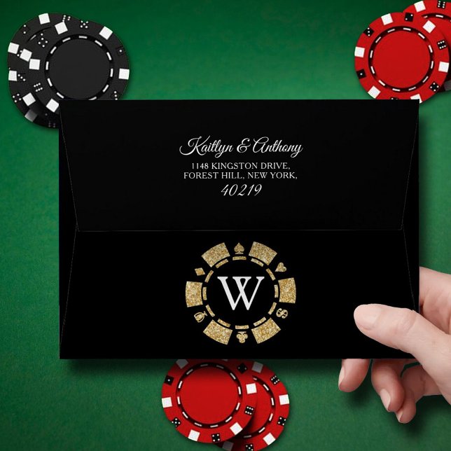 Gold Glitter Monogram Poker Chip Casino Wedding Envelope (Creator Uploaded)