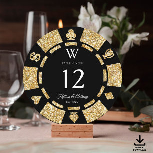 Gold Glitter Monogram Poker Chip Casino Wedding Invitation