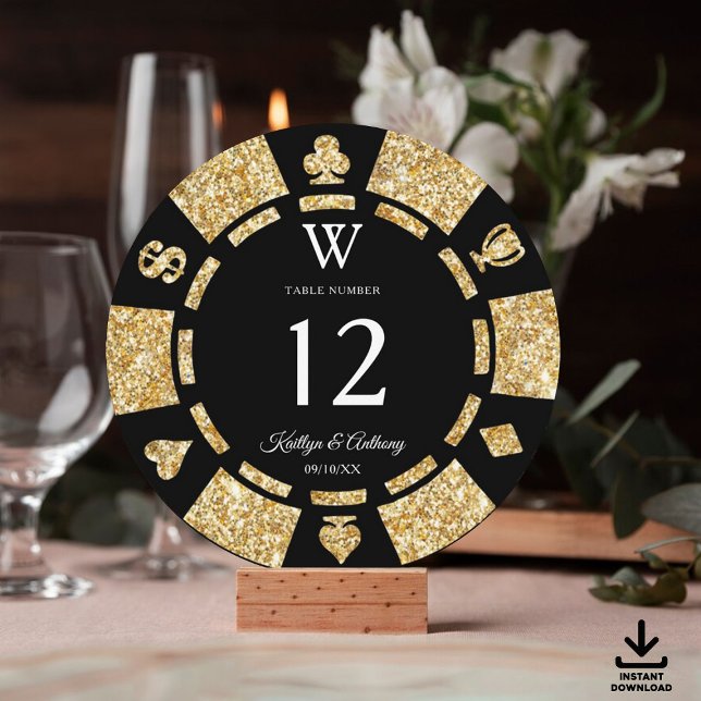 Gold Glitter Monogram Poker Chip Casino Wedding Invitation (Creator Uploaded)