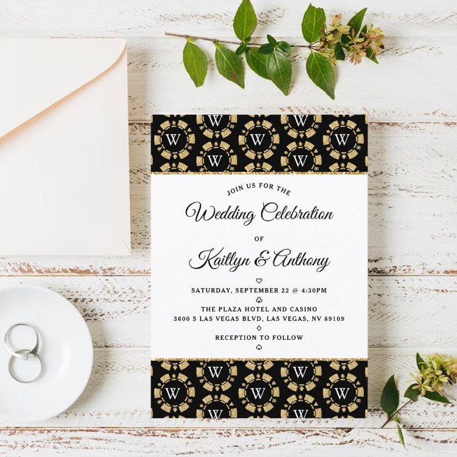 Gold Glitter Monogram Poker Chip Casino Wedding Invitation (Creator Uploaded)