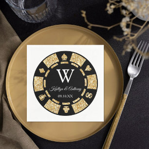 Gold Glitter Monogram Poker Chip Casino Wedding Napkin