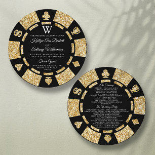 Gold Glitter Monogram Poker Chip Casino Wedding Programme
