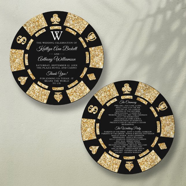 Gold Glitter Monogram Poker Chip Casino Wedding Programme (Creator Uploaded)