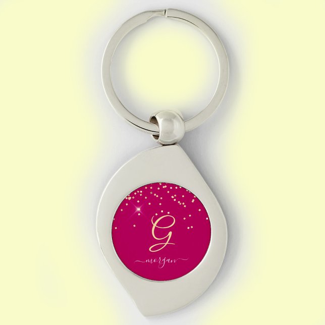 Gold Glitter & Monogram White Script Name, Fuchsia Key Ring (Creator Uploaded)