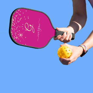 Gold Glitter & Monogram White Script Name, Fuchsia Pickleball Paddle
