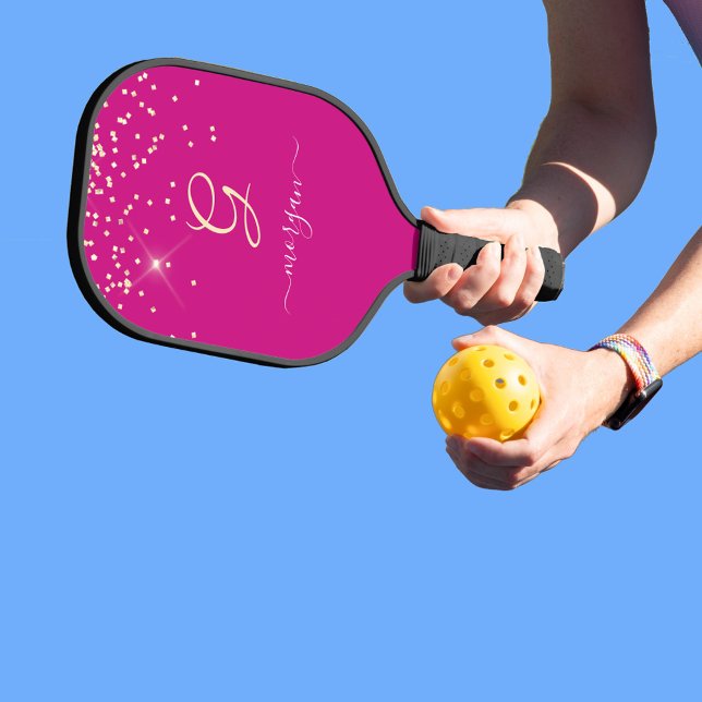 Gold Glitter & Monogram White Script Name, Fuchsia Pickleball Paddle (Creator Uploaded)