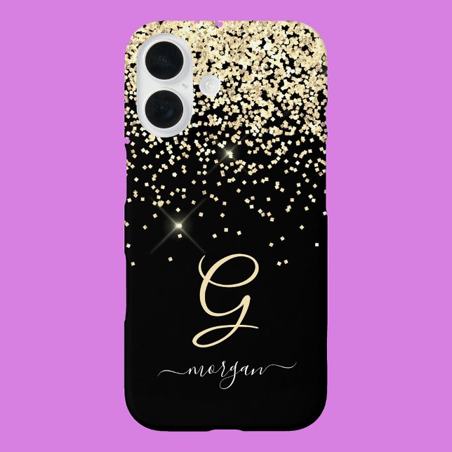 Gold Glitter & Monogram White Script Name on Black Case-Mate iPhone Case (Creator Uploaded)