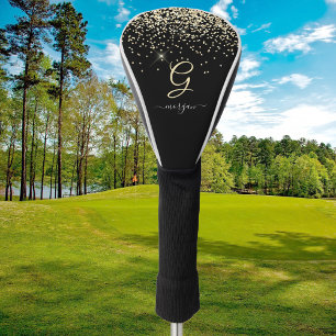 Gold Glitter & Monogram White Script Name on Black Golf Head Cover