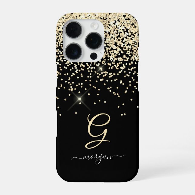 Gold Glitter & Monogram White Script Name on Black iPhone Case (Back)