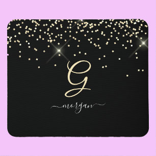 Gold Glitter & Monogram White Script Name on Black Mouse Pad