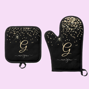 Gold Glitter & Monogram White Script Name on Black Oven Mitt & Pot Holder Set