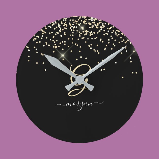 Gold Glitter & Monogram White Script Name on Black Round Clock (Creator Uploaded)