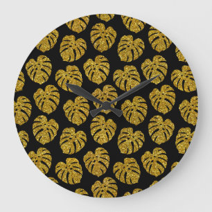 Gold Glitter Monstera Black Background Large Clock