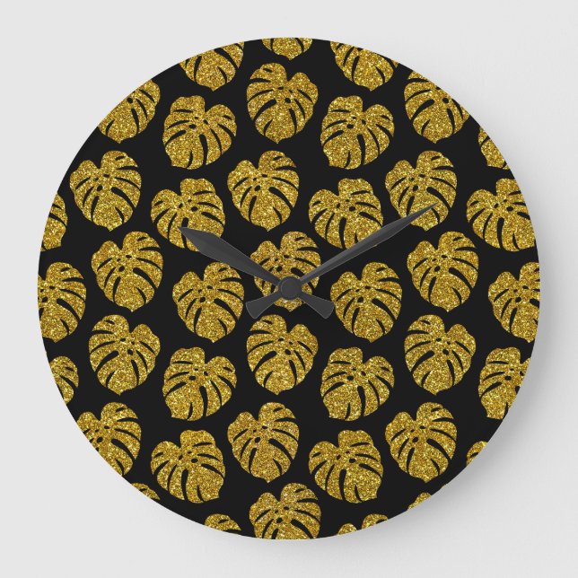 Gold Glitter Monstera Black Background Large Clock (Front)