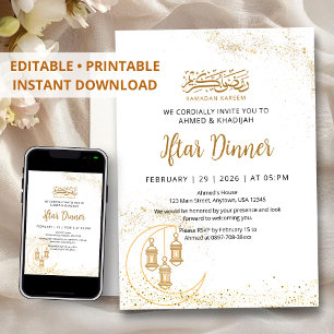 Gold Glitter Moon and Lantern Ramadan Iftar Invitation
