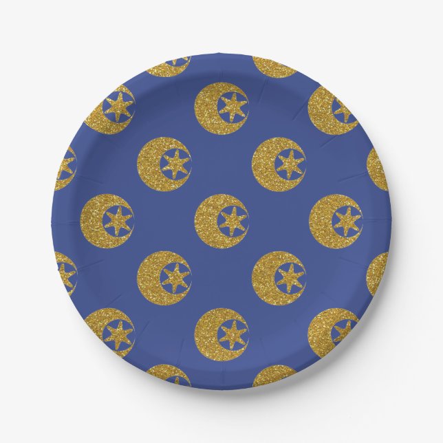 Gold Glitter Moon and Stars Pattern on Blue Paper Plate (Front)