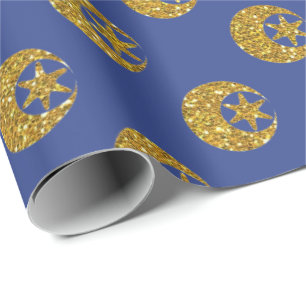 Gold Glitter Moon and Stars Pattern on Blue  Wrapping Paper