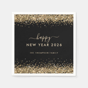 Gold Glitter Name Black Happy New Year 2026 Napkin