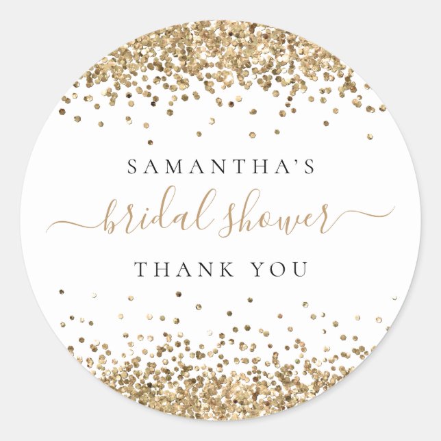 Gold Glitter Name Bridal Shower Thank You Classic Round Sticker (Front)