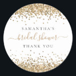 Gold Glitter Name Bridal Shower Thank You Classic Round Sticker<br><div class="desc">Gold Glitter Name Date Bridal Shower Thank You. Gold faux glitter borders the top and bottom,  with your name and thank you. Bridal Shower is in a handwriting style script. Easily personalise the text to your own details.</div>