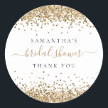 Gold Glitter Name Bridal Shower Thank You Classic Round Sticker<br><div class="desc">Gold Glitter Name Date Bridal Shower Thank You. Gold faux glitter borders the top and bottom,  with your name and thank you. Bridal Shower is in a handwriting style script. Easily personalise the text to your own details.</div>